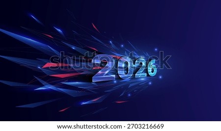Year 2026 numbers speeding forward through abstract digital fragments. Futuristic technology, business achievement, and speed concept. Vector EPS10.
