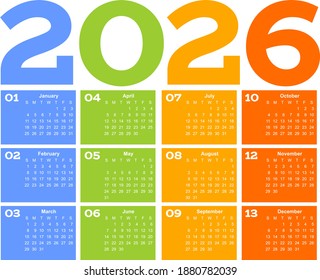 Year 2026 one page month grid calendar, multi colored on white background. Vector template. Annual agenda table. All Months on One Page.