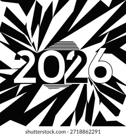 O ano de 2026 é exibido em algarismos brancos em negrito contra um fundo abstrato em preto e branco dinâmico.