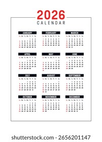 Jahr 2026 roter schwarzer vertikaler Kalender auf weißem Hintergrund, Vektorvorlage auf Englisch