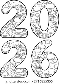 El año 2026 está representado por una ilustración decorativa de números con patrones abstractos y diseños arremolinados.