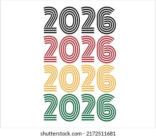 Jahr 2026 Retro-Schriftart. Vektorgrafik zum Geburtstag in Schwarz, Rot, Orange und Grün.