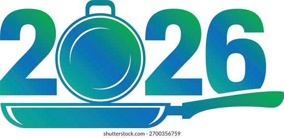 Das Jahr 2026 ist mit einem Farbverlauf von blau und grün, mit einem Kochtopf und Pfanne in die Zahlen.