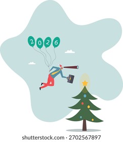 Año 2026 visión, logro o Plan de éxito, objetivo de carrera o pronóstico económico, aspiración de éxito laboral, sobre un hombre y su vida.