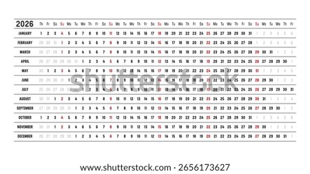 Year 2026 wall calendar with aligned dates, in English. One page timeline, linear and horizontal