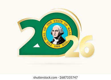 Jahr 2026 mit Washington Flag Muster. Vektorgrafik.