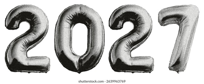 Year 2027. Foil balloons shaped like the numbers 2, 0, and 7. New Year 2027. Celebration, party, invitation. Christmas night. Torn edges effect.Collage-style design with grunge and photocopy aesthetic