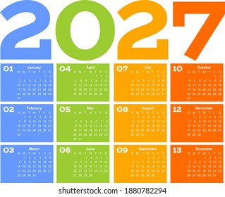 Year 2027 one page month grid calendar, multi colored on white background. Vector template. Annual agenda table. All Months on One Page.