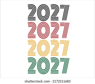 Year 2027 retro font. Vector with year for birthday in black, red, orange and green.