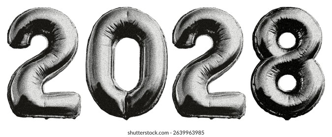 Year 2028. Foil balloons shaped like the numbers 2, 0, and 8. New Year 2028. Celebration, party, invitation. Torn edges effect. Collage-style design with grunge and photocopy elements