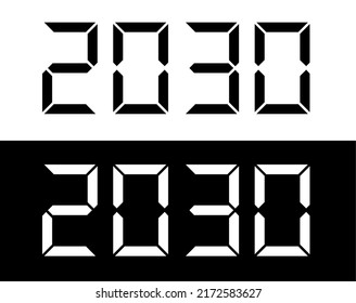 Year 2030 black and white digital numbers font.