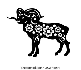 Year animal chinese cutting paper composition with isolated monochrome image of goat decorated with flowers vector illustration