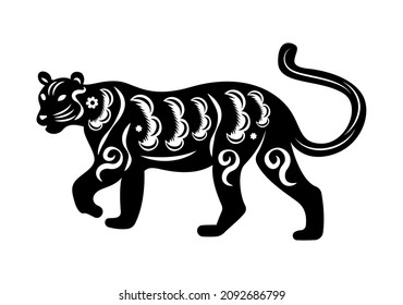Year animal chinese cutting paper composition with isolated monochrome image of tiger decorated with flowers vector illustration