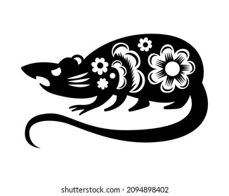 Year animal chinese cutting paper composition with isolated monochrome image of rat decorated with flowers vector illustration