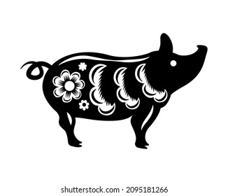 Year animal chinese cutting paper composition with isolated monochrome image of pig decorated with flowers vector illustration