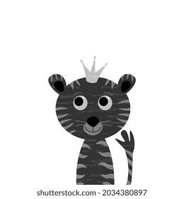 Year of the Black Water Tiger. Vector gray tiger in a crown on a white textured background.