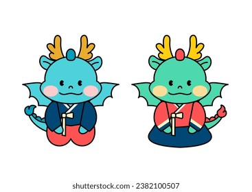 Year of the Blue Dragon Character Illustration in Traditional Korean Hanbok Attire.