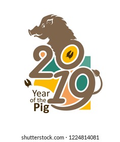 Year of the Boar 2019. Pig 2019. Stylish flat vector template with color graphic forms. New Year's design on the Chinese calendar. 