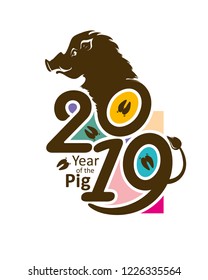 Year of the Boar 2019. Pig 2019. Stylish flat vector template with color inserts graphic abstract forms. New Year's design on the Chinese calendar.
