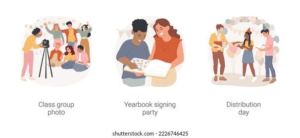 Year book party isolated cartoon vector illustration set. Take annual class group photo, yearbook signing party, student writing, distribution day event, end of study celebration vector cartoon.