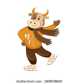 Year of the bull 2021. Chinese new year of the ox 2021. The symbol of the New Year. Winter activities. The bull is skating. Isolated illustration