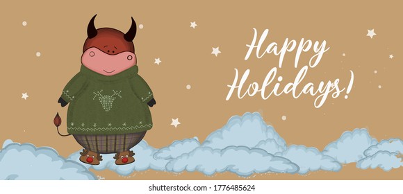 year of the bull 2021. craft paper. happy Holidays.