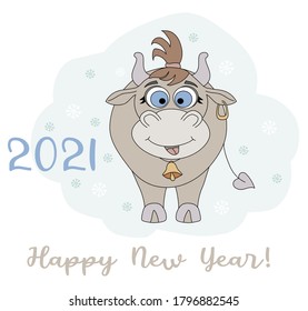 Year of the bull. 2021. Funny character of a cute cow with a haircut and a bell on his neck. New Year card, poster with Happy New Year greetings. For festive design and decoration. Vector