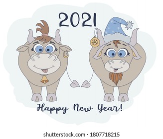 Year of the bull. 2021. Funny characters a cute bull in a New Years hat and a funny cow with a haircut. New Year card and Happy New Year greetings. For festive design and decoration. Vector 