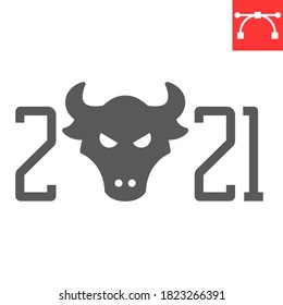 Year of the bull 2021 glyph icon, merry christmas and new year, year of the ox sign vector graphics, editable stroke solid icon, eps 10