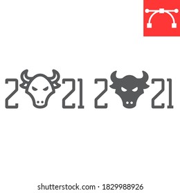 Year of the bull 2021 line and glyph icon, merry christmas and new year, year of the ox sign vector graphics, editable stroke linear icon, eps 10