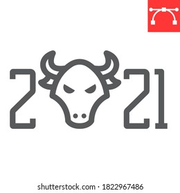 Year of the bull 2021 line icon, merry christmas and new year, year of the ox sign vector graphics, editable stroke linear icon, eps 10