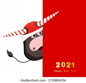 Año del toro. 2021. Tarjeta de saludo de Año Nuevo, afiche. Feliz Año Nuevo. Carácter toro gracioso en un fondo blanco.