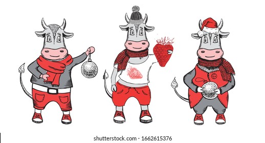 Year of the bull 2021. New year illustration. Hand drawn vector.
