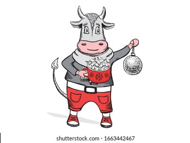 Year of the bull 2021. New year illustration. Hand drawn vector.