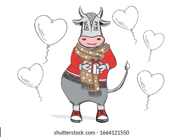Year of the bull 2021. New year illustration. Hand drawn vector.