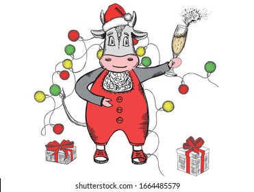 Year of the bull 2021. New year illustration. Hand drawn vector.