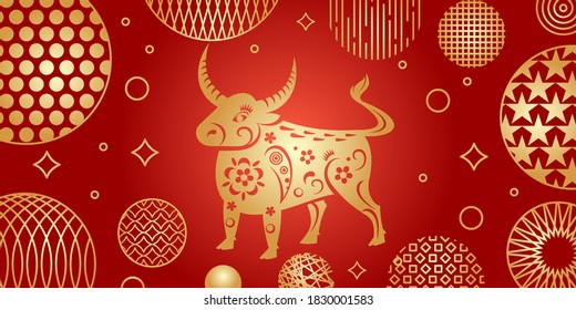 El año del toro 2021. Carácter vector ox del calendario oriental. Concepto oriental del feliz año nuevo chino 2021. Rojo, colores dorados de la ilustración. Buey dorado, linternas en un fondo rojo