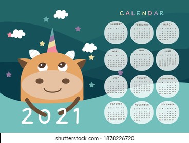Year of the Bull. Cute calendar with a bull. Unicorn bull. Vector layout