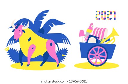 year of the bull flat vector illustration . bull on the background of vegetation with a cart