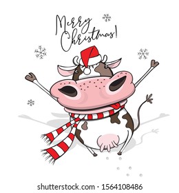 Year of the bull. Funny cheerful Cow in a striped scarf and in a red Santa's hat. Merry Christmas – lettering quote. New Year card, hand drawn style print. Vector cartoon illustration.