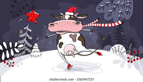 Year of the bull. Funny Cow in a striped scarf and Santa's hat on skates. Fantastic winter Landscape with a red star. Merry Christmas and New Year card, hand drawn style print. Vector illustration.