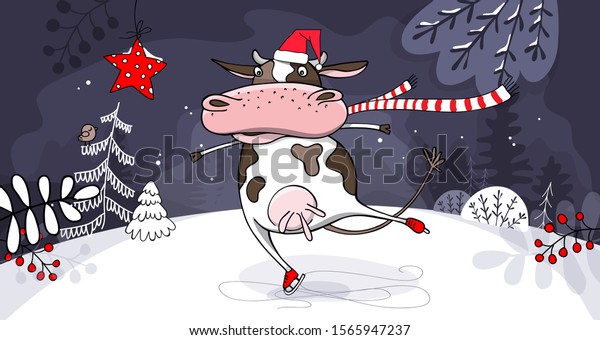 牡牛の年 ストライプのスカーフとスケート 靴の上のサンタの帽子をかぶったおかしな牛 赤い星を持つ幻想的な冬の風景 メリークリスマスと年賀状 手描きの活字 ベクターイラスト のベクター画像素材 ロイヤリティフリー