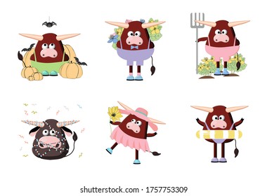 year of the bull postcard. Bull character, cartoon ox. Symbol of 2021. Cute ox vector illustration on a white background. Animal farm with horns character set.