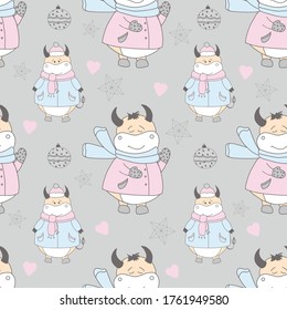 year of the bull postcard. New Year pattern with a bull. Ox symbol of 2021. Funny ox illustration. Wrapping paper, christmas textile design. Bullock