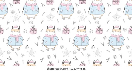 year of the bull postcard. New Year pattern with a bull. Ox symbol of 2021. Funny ox illustration. Wrapping paper, christmas textile design. Bullock