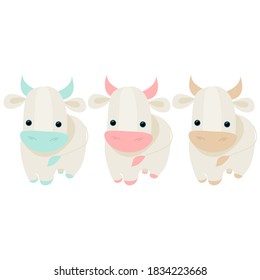 Year of the bull.Funny Cow.Merry Christmas and New Year card,hand drawn style print.Cute cow cartoon character.2021 Year Lunar Zodiac Animal.Chinese New Year of Ox.Cow vector illustration 