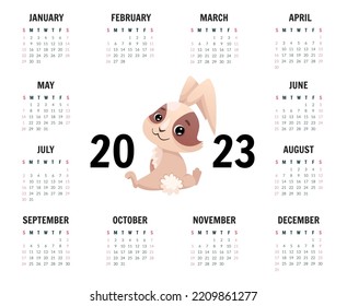 Year calendar for 2023 with cute bunny rabbit. Vector horizontal illustration for stationery, printing, organizer, decor, kids collection, planner design