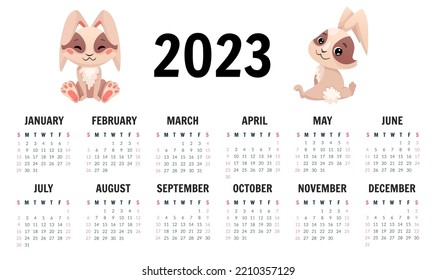 Year calendar for 2023 with cute bunny or rabbits. Vector horizontal illustration for stationery, printing, organizer, decor, kids collection, planner design