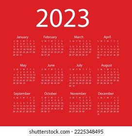 Ilustración vectorial del calendario anual 2023. La semana empieza el domingo. Plantilla del calendario anual de 2023. Diseño del calendario en colores rojo y blanco.