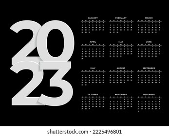 Year calendar 2023 vector illustration. The week starts on Sunday. 2023 annual calendar template. Calendar design in black and white colors.